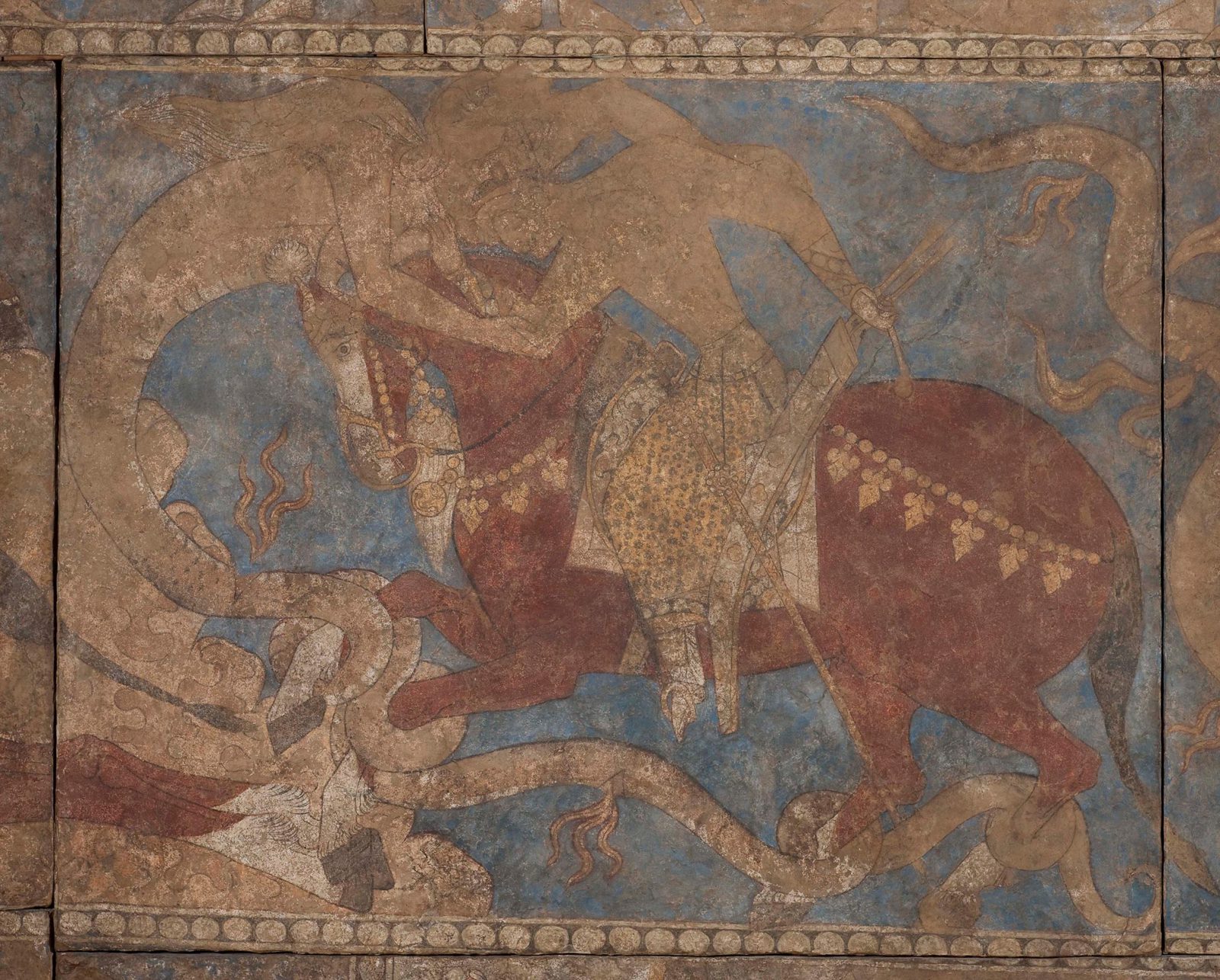 Fig. 5 Detail: Episode 3. Rustam is in great peril as he fights a dragon that has coiled itself around Rakhsh’s legs, pulling Rustam toward its gaping mouth. The painting does not show Rustam’s escape from this dire situation, but part of the Sogdian text offers a version of how he did: “Rustam turned back, attacked the demons like a fierce lion upon its prey or a hyena upon the flock, like a falcon upon a hare or a porcupine upon a snake, and began to destroy them.”
