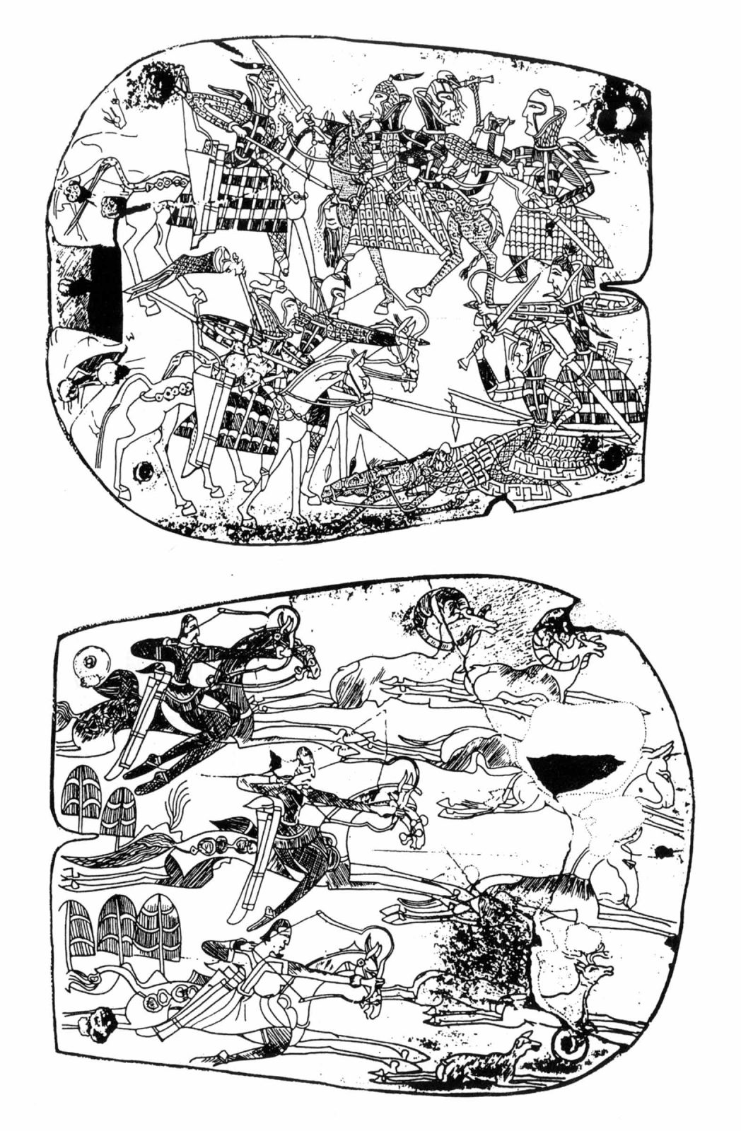 Line drawing of two square belt plaques showing horseback riders engaged in battle