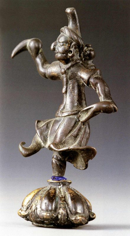 Found near Shandan, China, this sculpture presents a dancing figure in Central Asian dress.