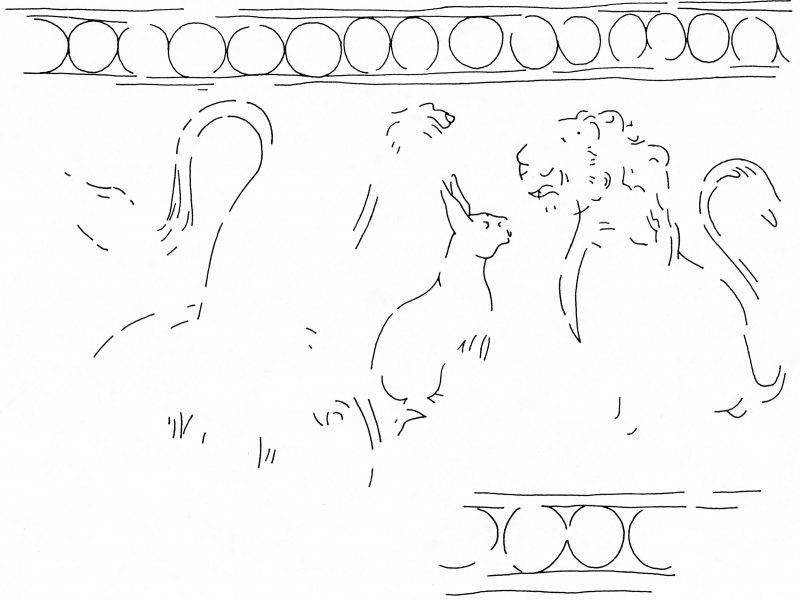 Line drawing showing a lion facing a hare. The scene is in enclosed by a border with repeated circles.