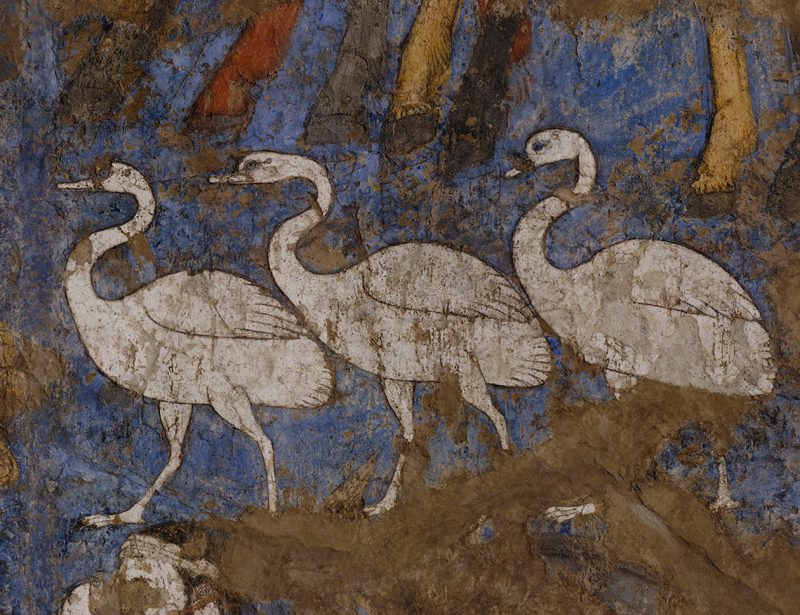 Three geese depicted on the southern wall of the Hall of the Ambassadors in Afrasiab