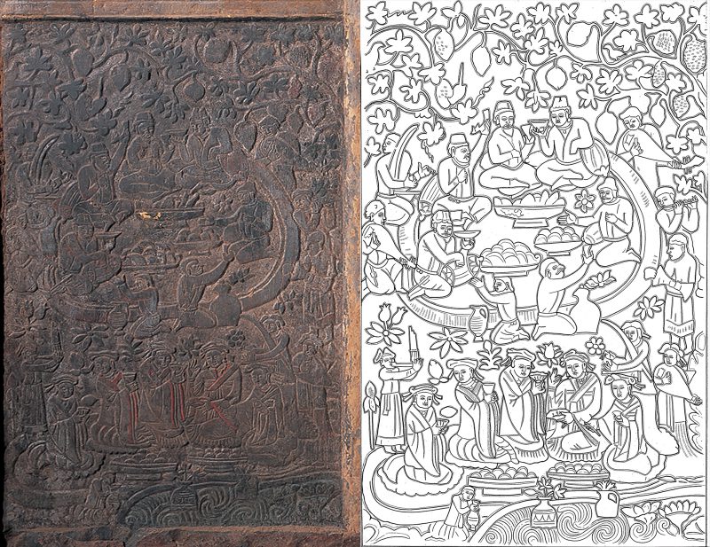 Carved panel and line drawing showing feast