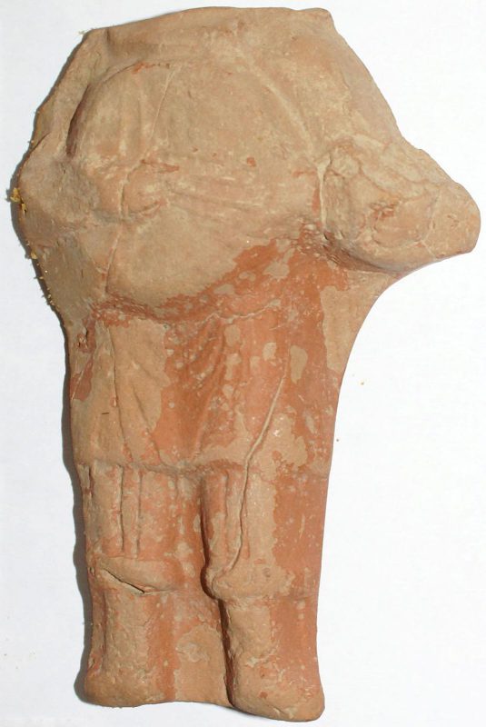 Standing figure with no head playing a lute