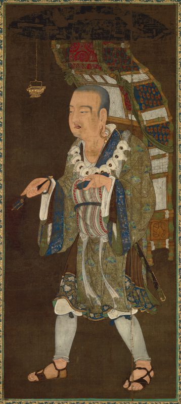 This painting depicts Chinese monk Xuanzang 玄奘, also called Tang Seng 唐僧, who gained fame for his quest to India to learn more about Buddhism.