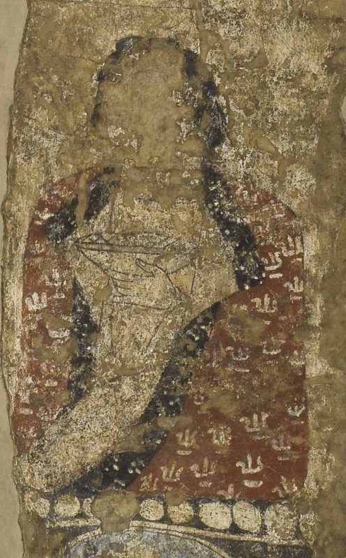 In the left corner of the Shiva with Trisula painting is this representation of a women. She wears a decorated kaftan draped over her shoulder and holds an offering.