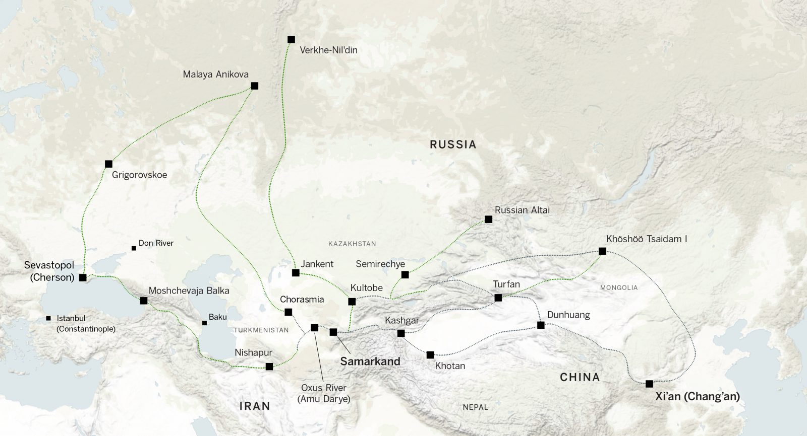 The Silk Road and Fur Routes running east to west and north to south.