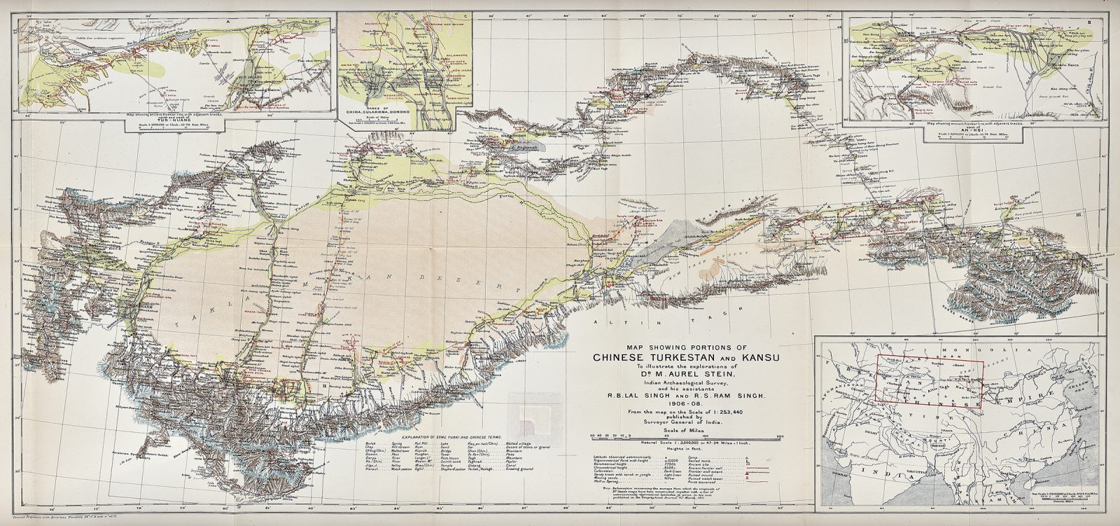 This map shows Marc Aurel Stein's second expedition in Central Asian undertaken between 1906–8.