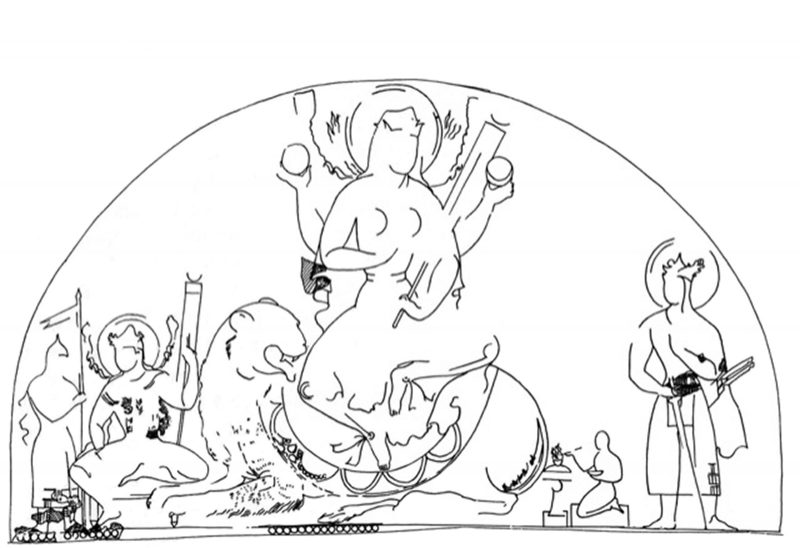 Line drawing showing a female goddess with multiple arms on a feline. Other figures stand and kneel by her.