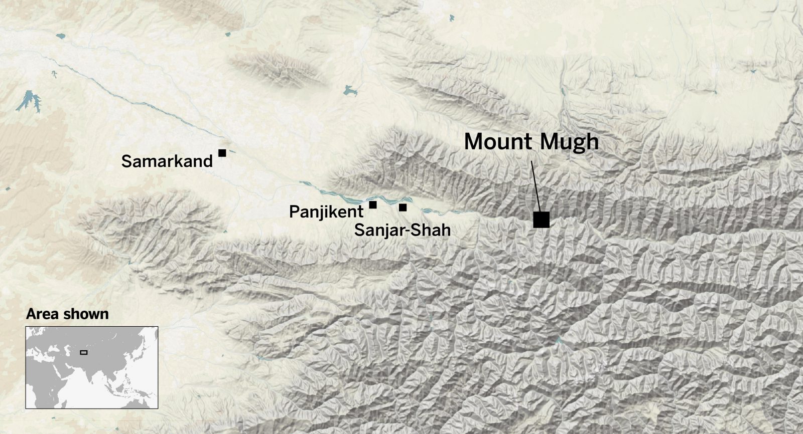 Mount Mugh is east of Samarkand and Panjikent