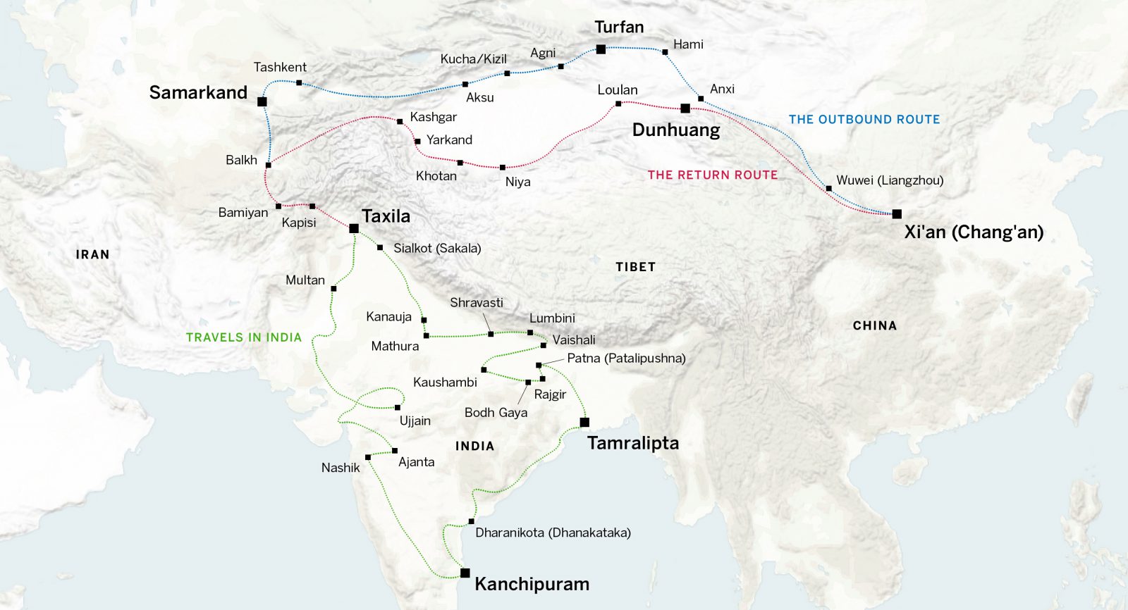 Xuanzang traveled from Xi'an to Samarkand to Souther India and back