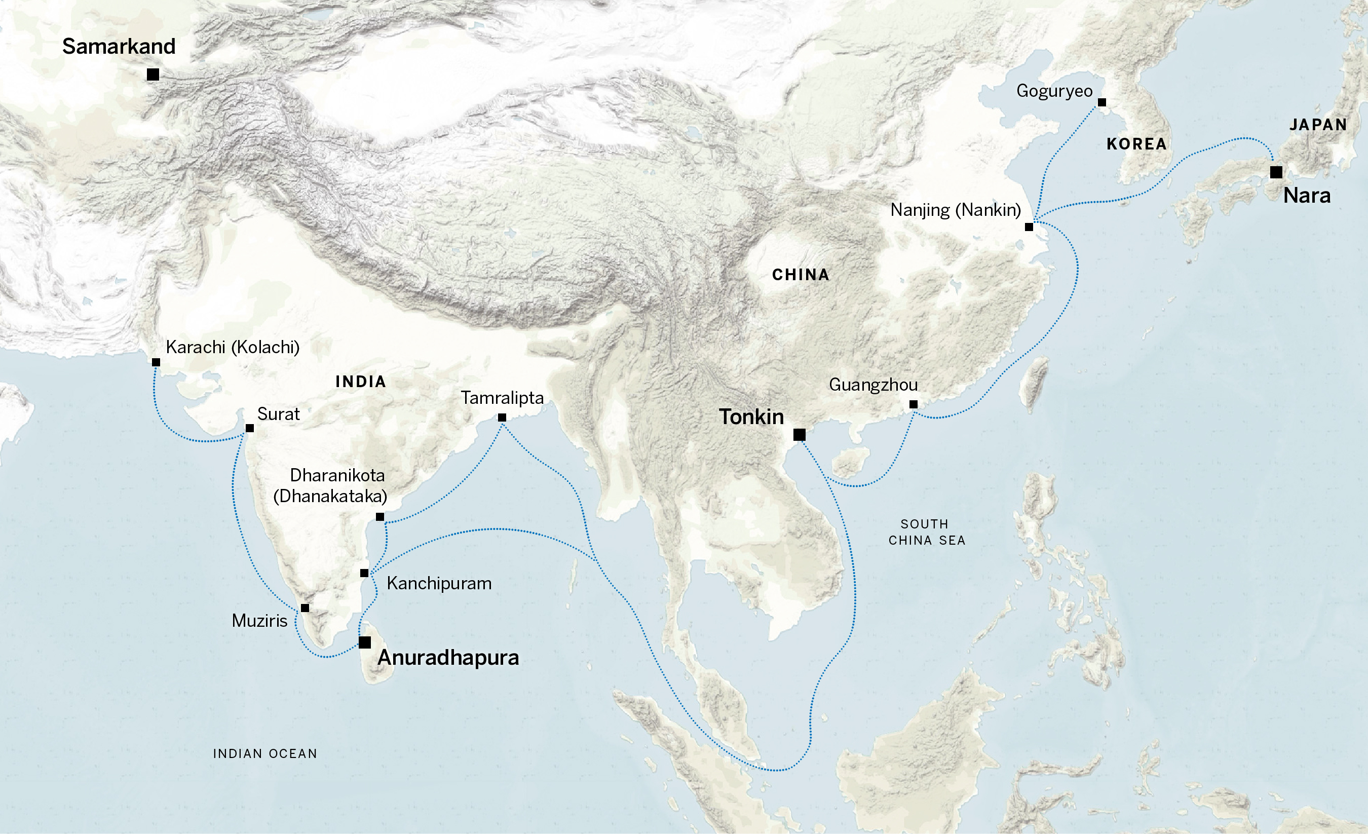 Sea routes connected Karachi in Pakistan to Nara in Japan