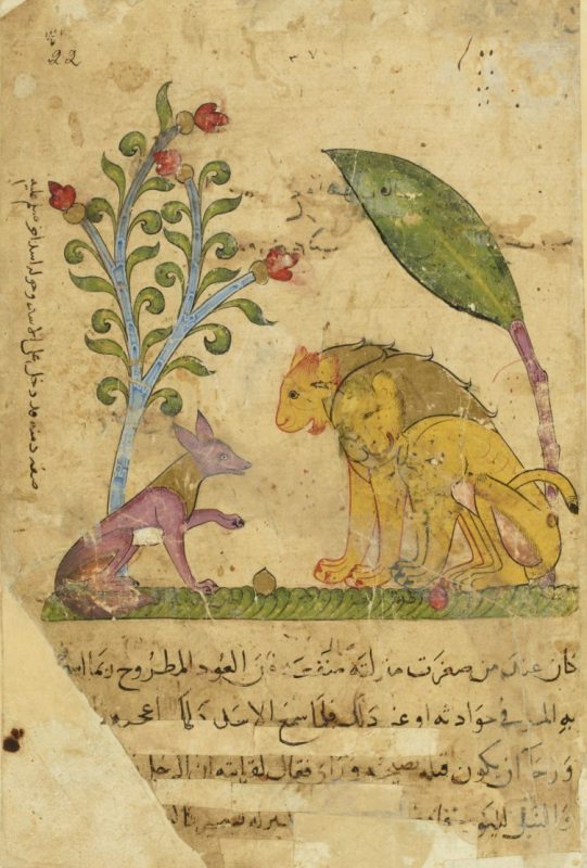 Page from an Arabic manuscript with a drawing of a fox talking to lions under stylized trees.