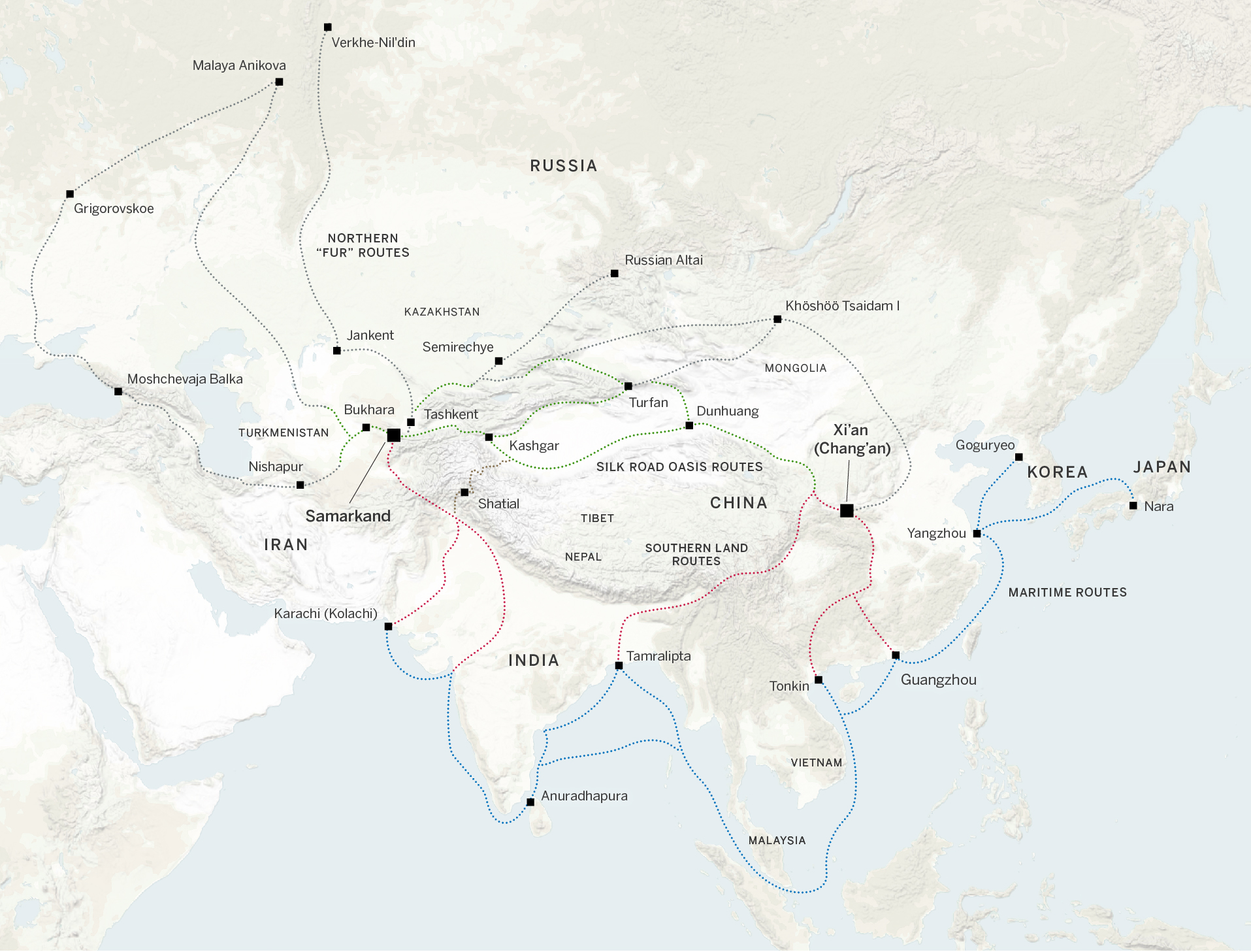Routes connecting Levant to Korea